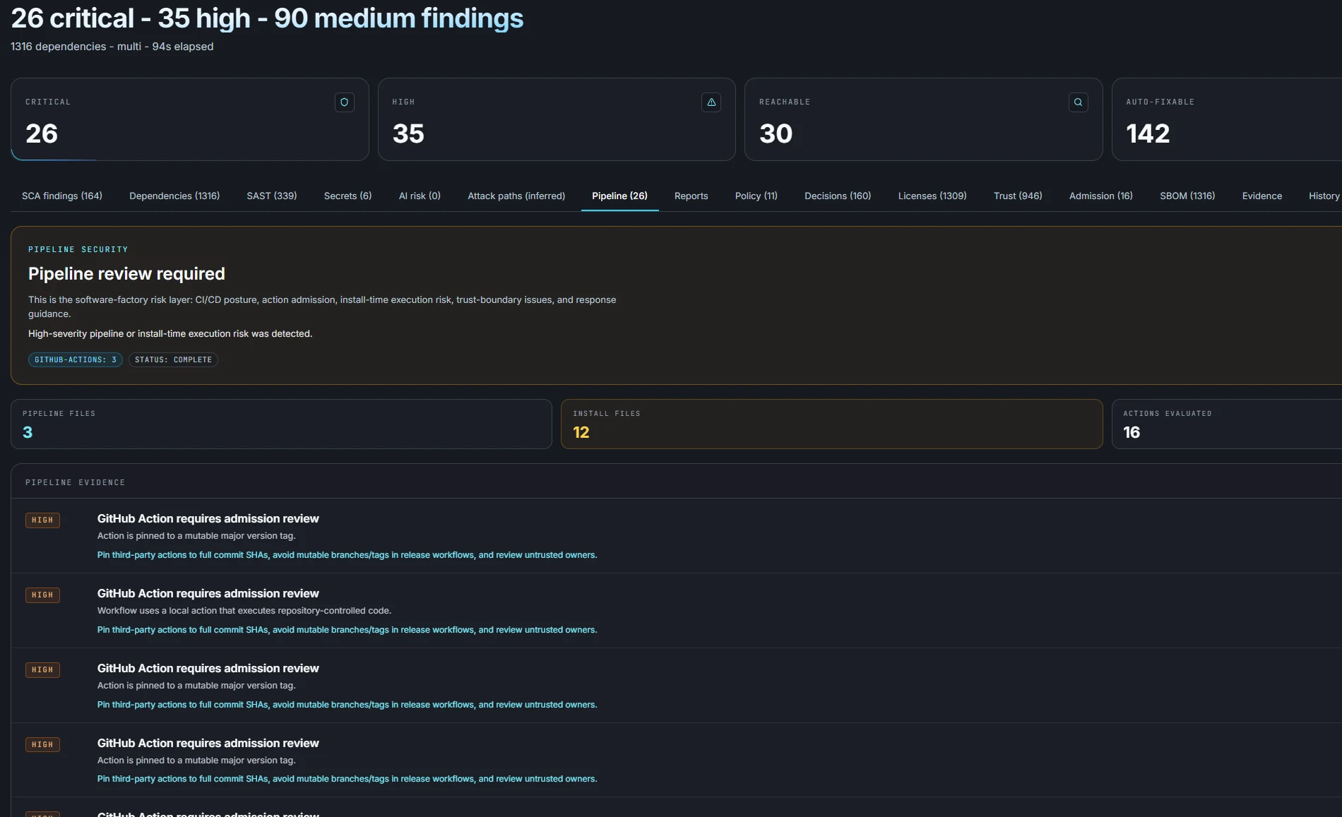 Pipeline security — action firewall admission decisions and poisoned-pipeline detection